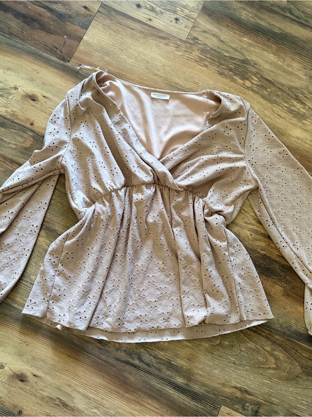 Chic Soul Mauve Twist-Front Eyelet Peplum Blouse
